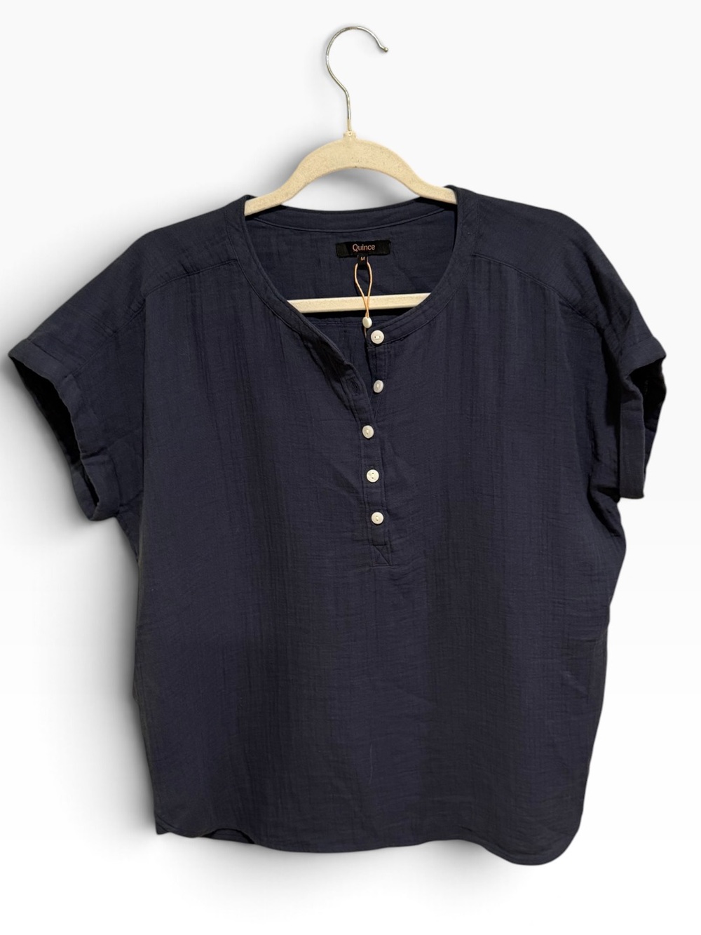 NWOT Quince Navy 100% Organic Cotton Short-Sleeve Henley Button Top